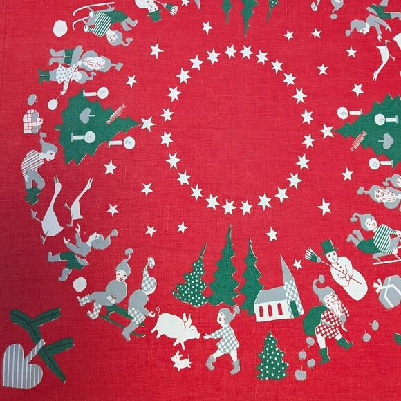 Vintage MCM Christmas Holliday Table Cloth Runner Elves Folk Art Boho Midcentury - Picture 6 of 7